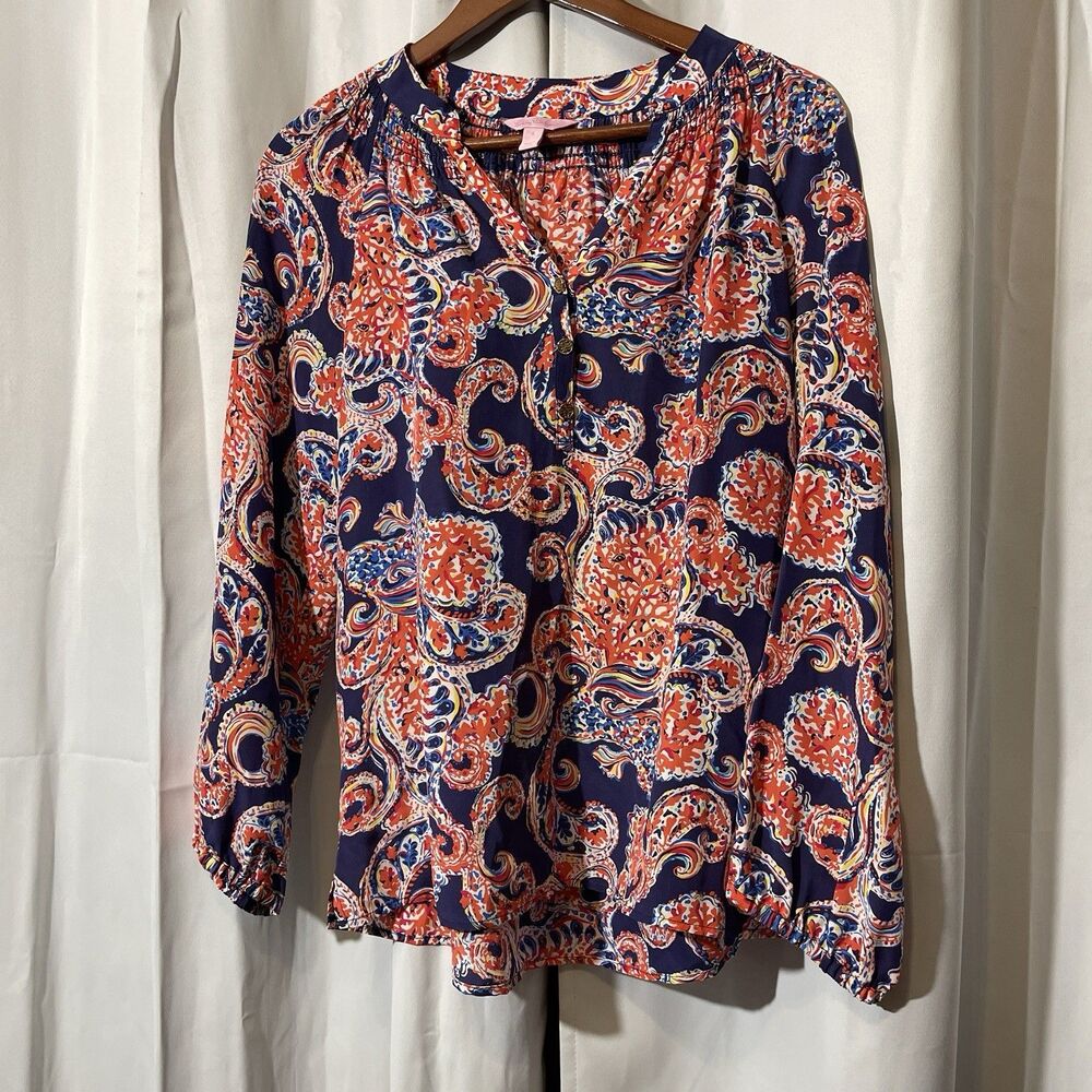 Lilly Pulitzer 100% Silk Elsa Popover Top Peasant Paisley Boxy Fit Women’s Sz S - Picture 3 of 6